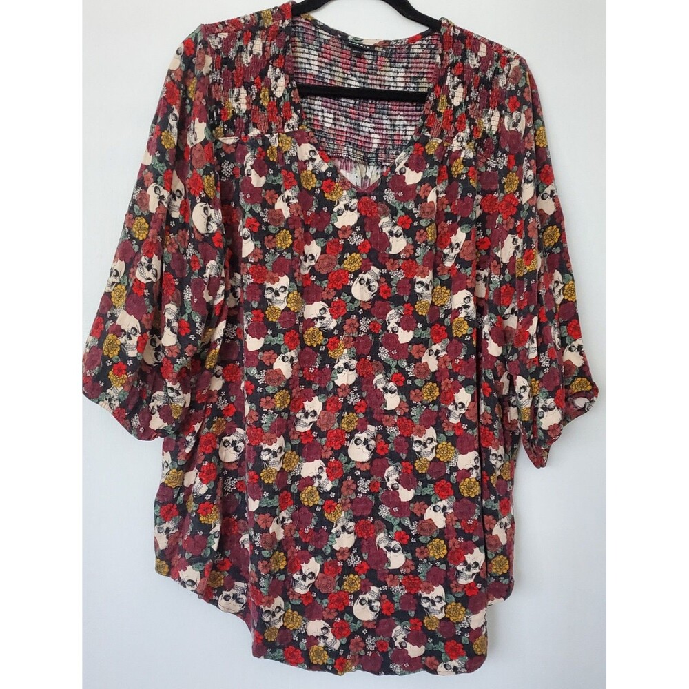 Torrid Tunic Top Women 3 Black Floral V-Neck 3/4 Sleeve Rayon Pullover Casual